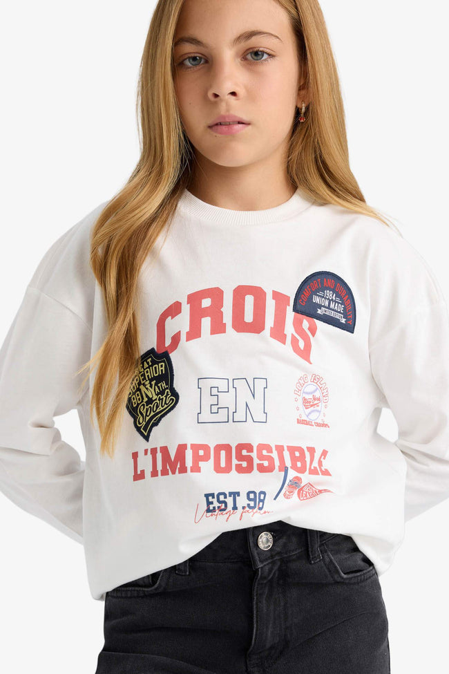 Girls Oversize Wide-Mould Crew Neck Printed Long Sleeve School T-Shirt Hover Image