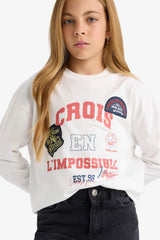 Girls Oversize Wide-Mould Crew Neck Printed Long Sleeve School T-Shirt