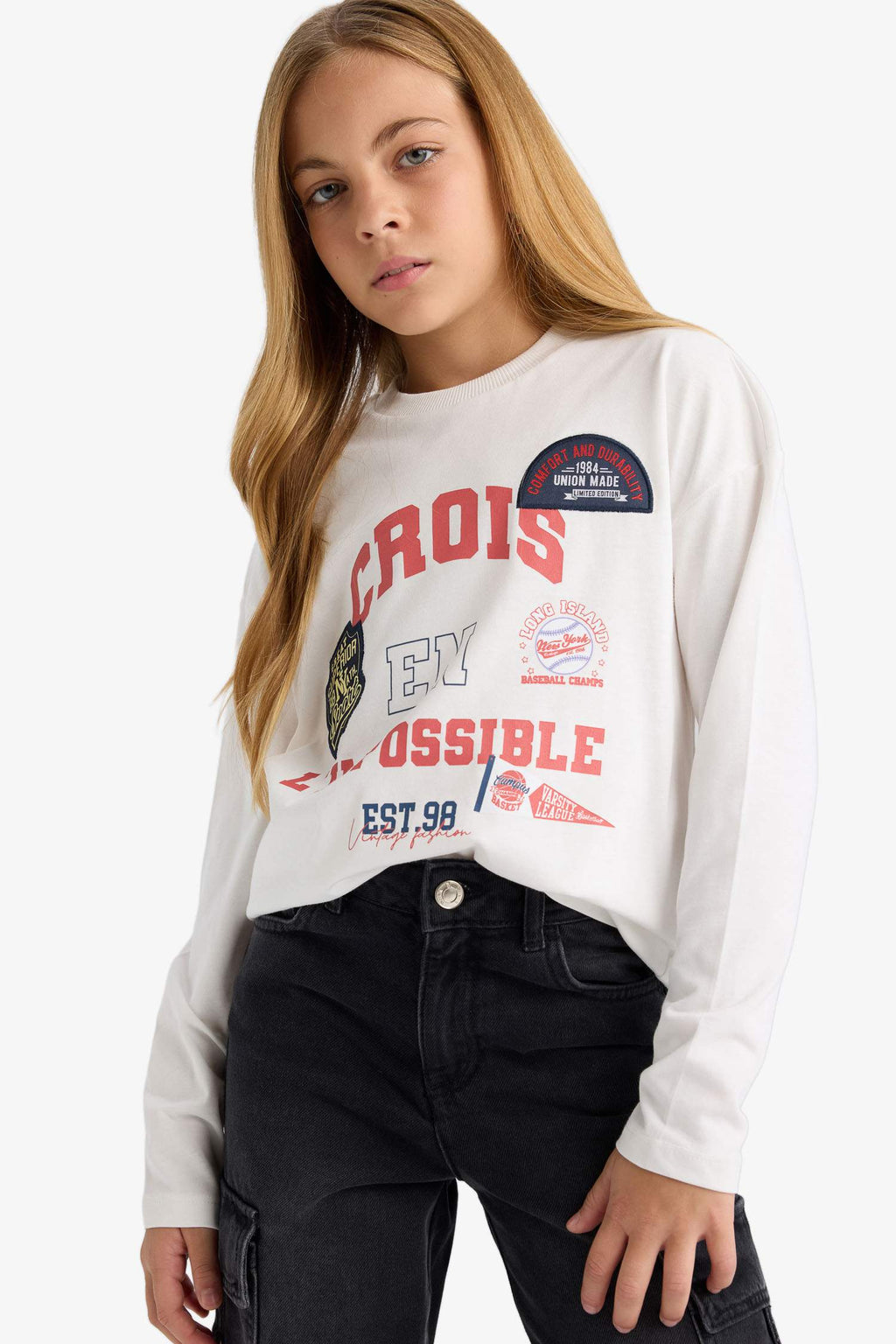 Girls Oversize Wide-Mould Crew Neck Printed Long Sleeve School T-Shirt