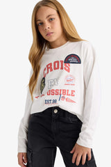 Girls Oversize Wide-Mould Crew Neck Printed Long Sleeve School T-Shirt