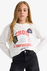 Girls Oversize Wide-Mould Crew Neck Printed Long Sleeve School T-Shirt