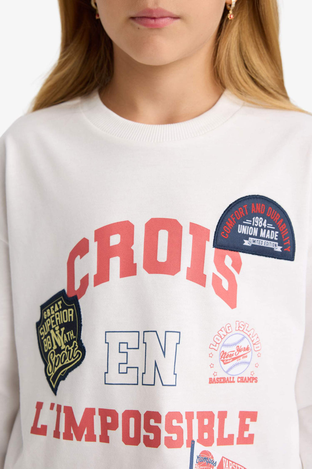 Girls Oversize Wide-Mould Crew Neck Printed Long Sleeve School T-Shirt