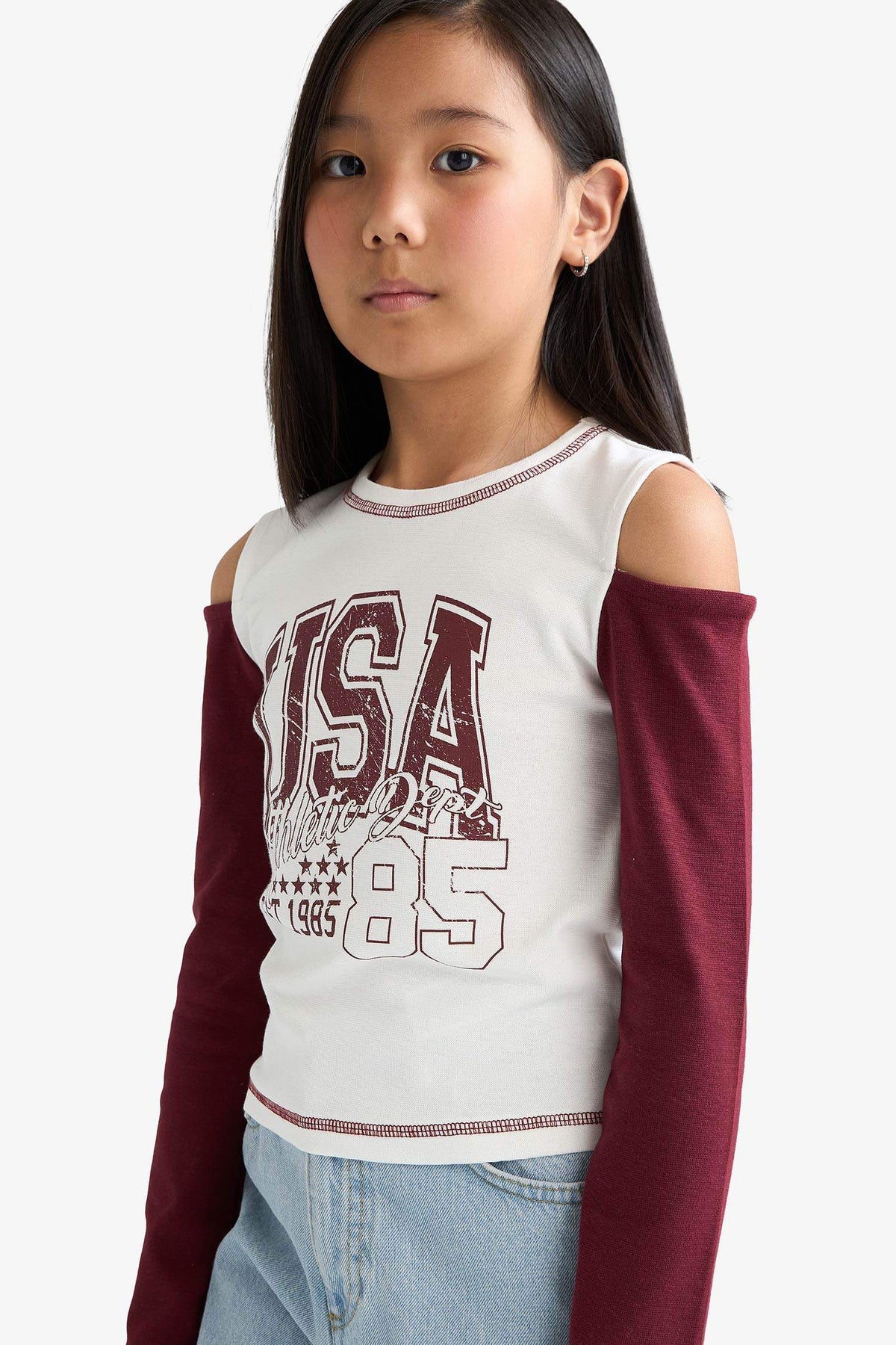 Girls Slim Fit Slim Cut Crew Neck Printed Ribbed Long Sleeve School T-Shirt