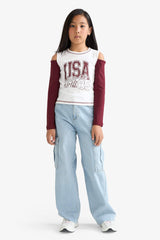 Girls Slim Fit Slim Cut Crew Neck Printed Ribbed Long Sleeve School T-Shirt