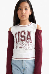 Girls Slim Fit Slim Cut Crew Neck Printed Ribbed Long Sleeve School T-Shirt