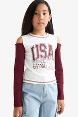 Girls Slim Fit Slim Cut Crew Neck Printed Ribbed Long Sleeve School T-Shirt