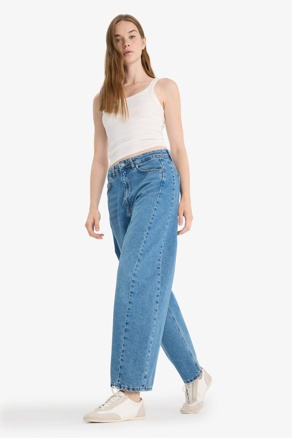 Barrel Fit High Waist Ankle Length Jean Washed Trousers