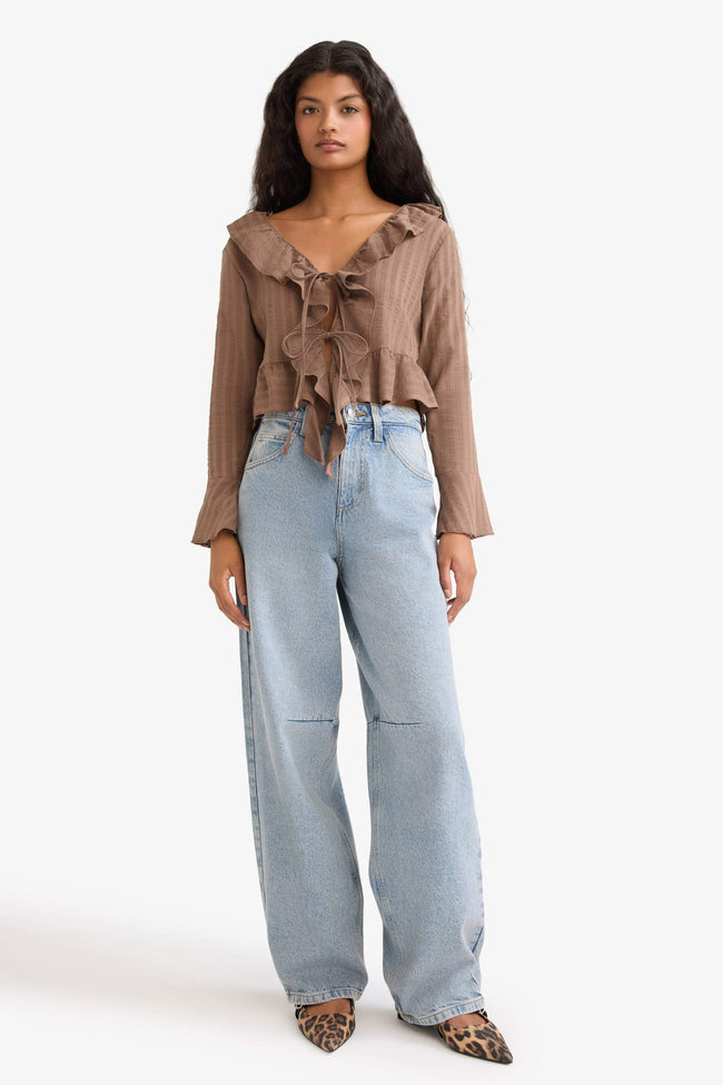 Regular Fit Textured Front Tie Ruffled Long Sleeve Blouse Main Image