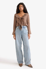 Regular Fit Textured Front Tie Ruffled Long Sleeve Blouse