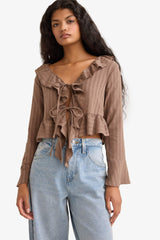 Regular Fit Textured Front Tie Ruffled Long Sleeve Blouse