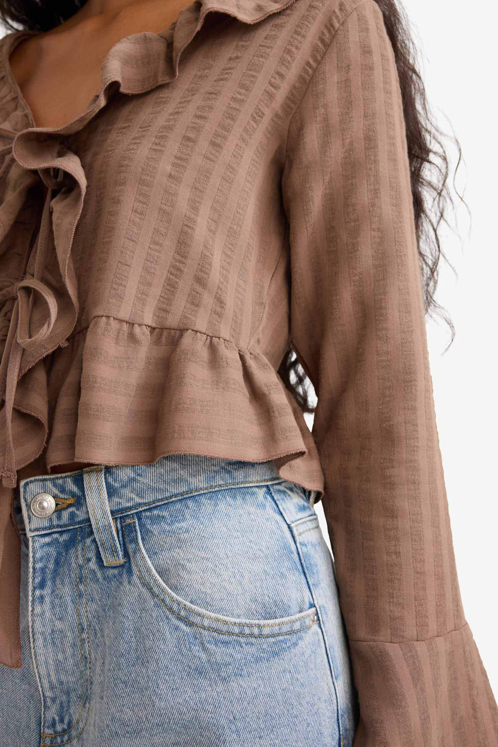 Regular Fit Textured Front Tie Ruffled Long Sleeve Blouse