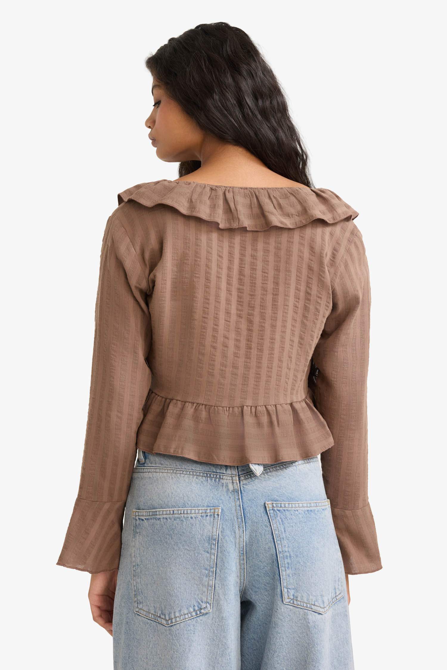 Regular Fit Textured Front Tie Ruffled Long Sleeve Blouse