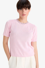 Regular Fit Crew Neck Embroidered Crepe Short Sleeve Knitwear Sweater