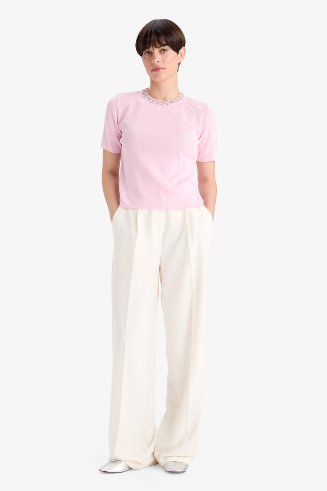 Regular Fit Crew Neck Embroidered Crepe Short Sleeve Knitwear Sweater Main Image