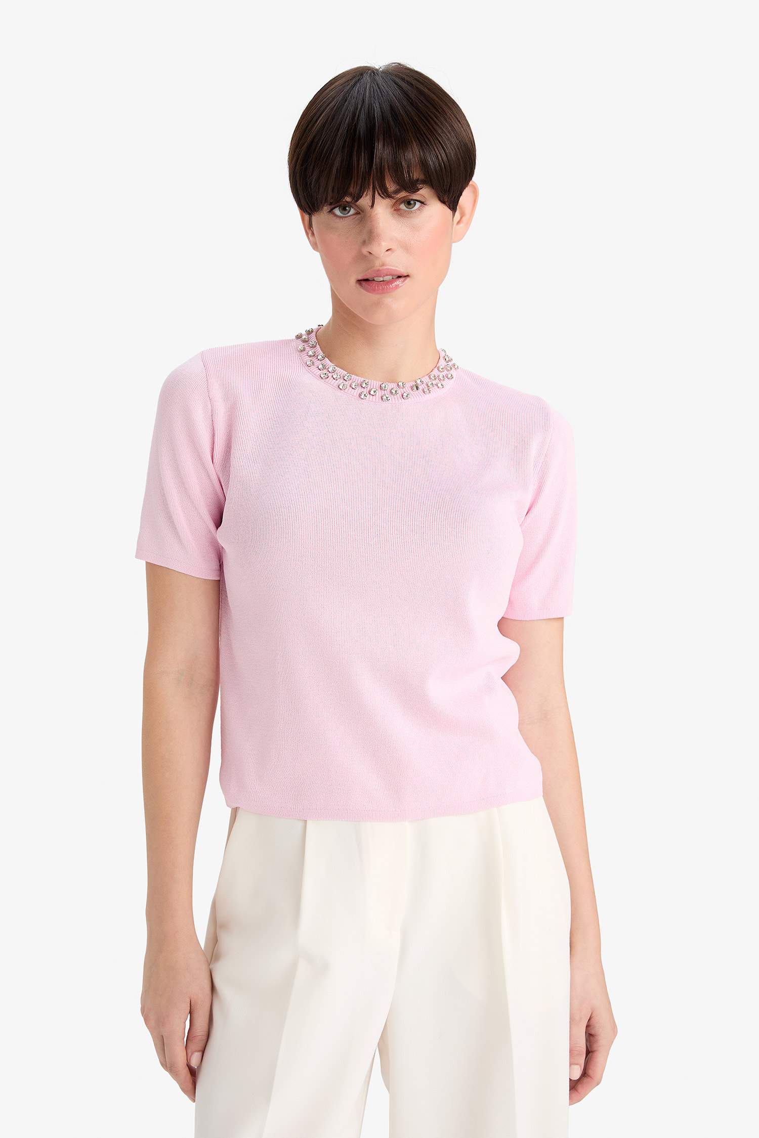 Regular Fit Crew Neck Embroidered Crepe Short Sleeve Knitwear Sweater