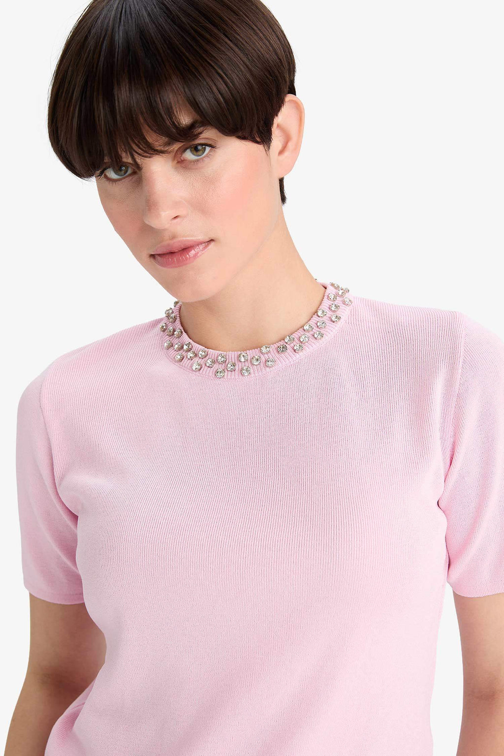 Regular Fit Crew Neck Embroidered Crepe Short Sleeve Knitwear Sweater