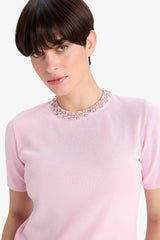 Regular Fit Crew Neck Embroidered Crepe Short Sleeve Knitwear Sweater