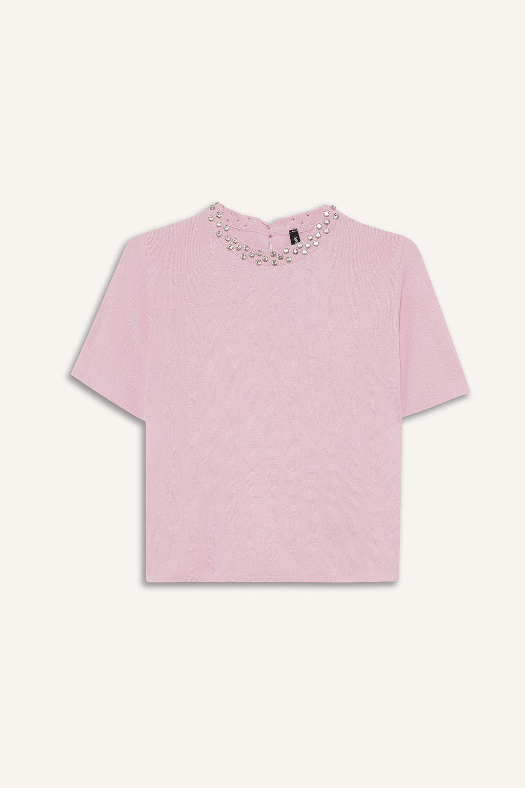 Regular Fit Crew Neck Embroidered Crepe Short Sleeve Knitwear Sweater