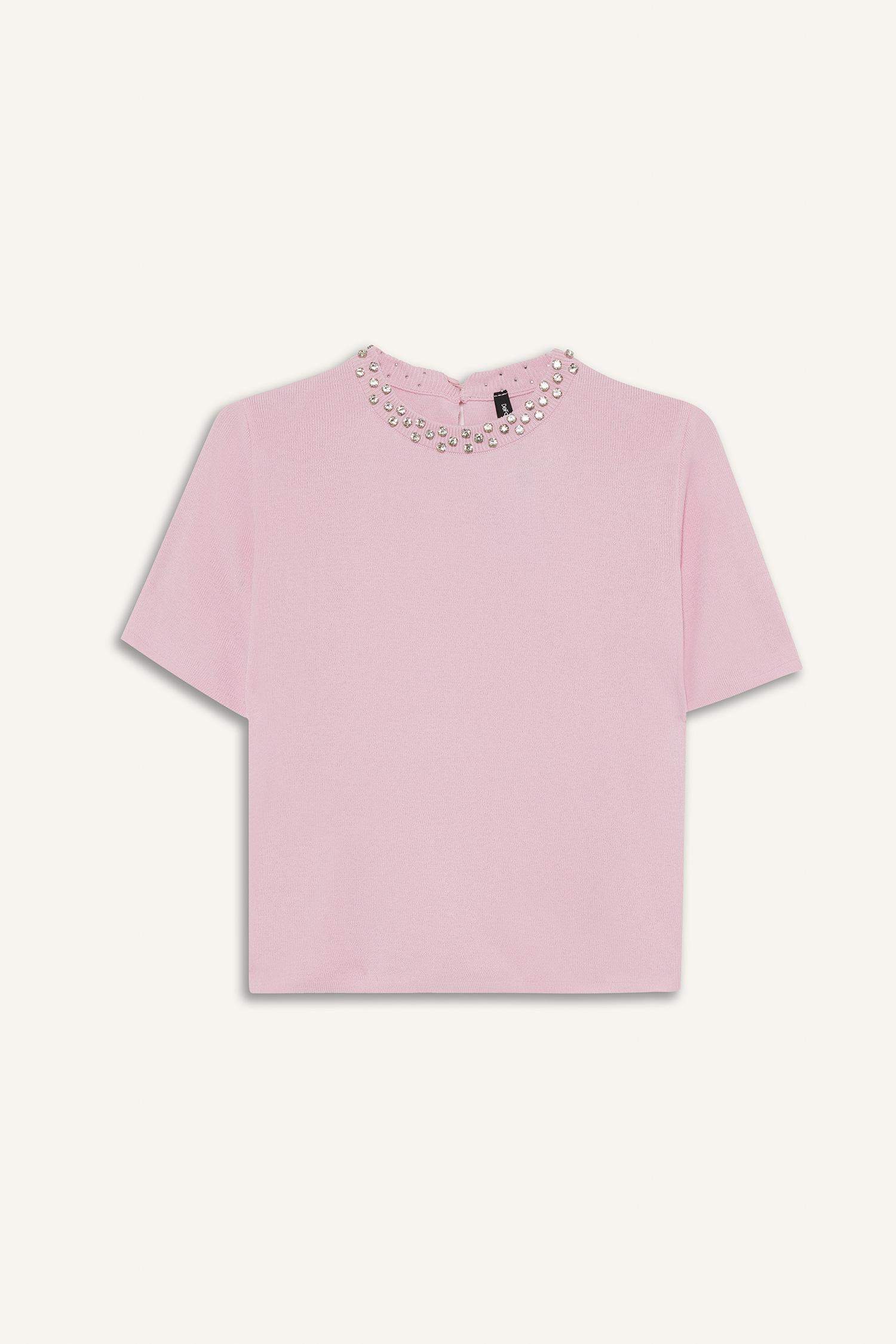 Regular Fit Crew Neck Embroidered Crepe Short Sleeve Knitwear Sweater