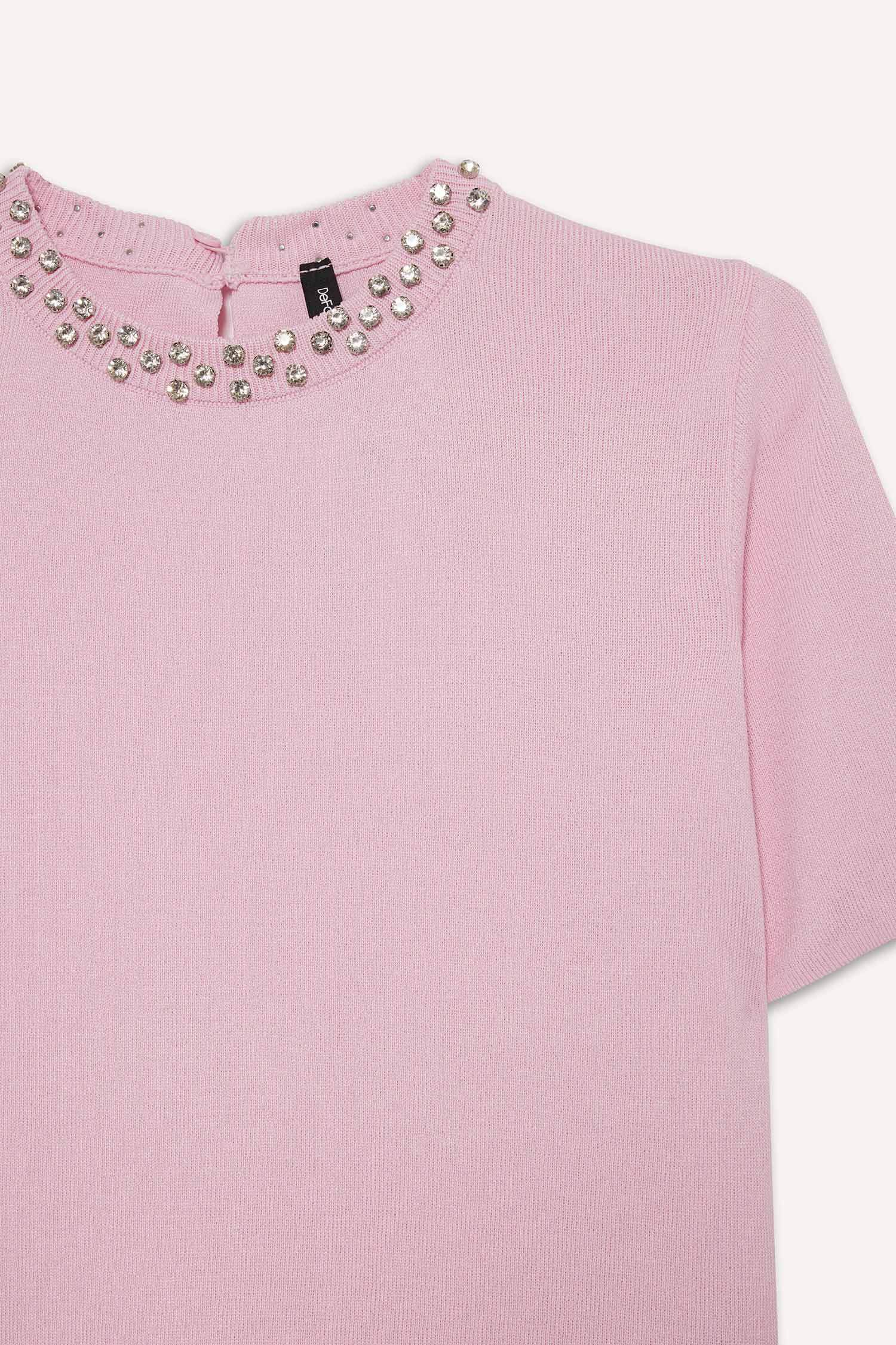 Regular Fit Crew Neck Embroidered Crepe Short Sleeve Knitwear Sweater