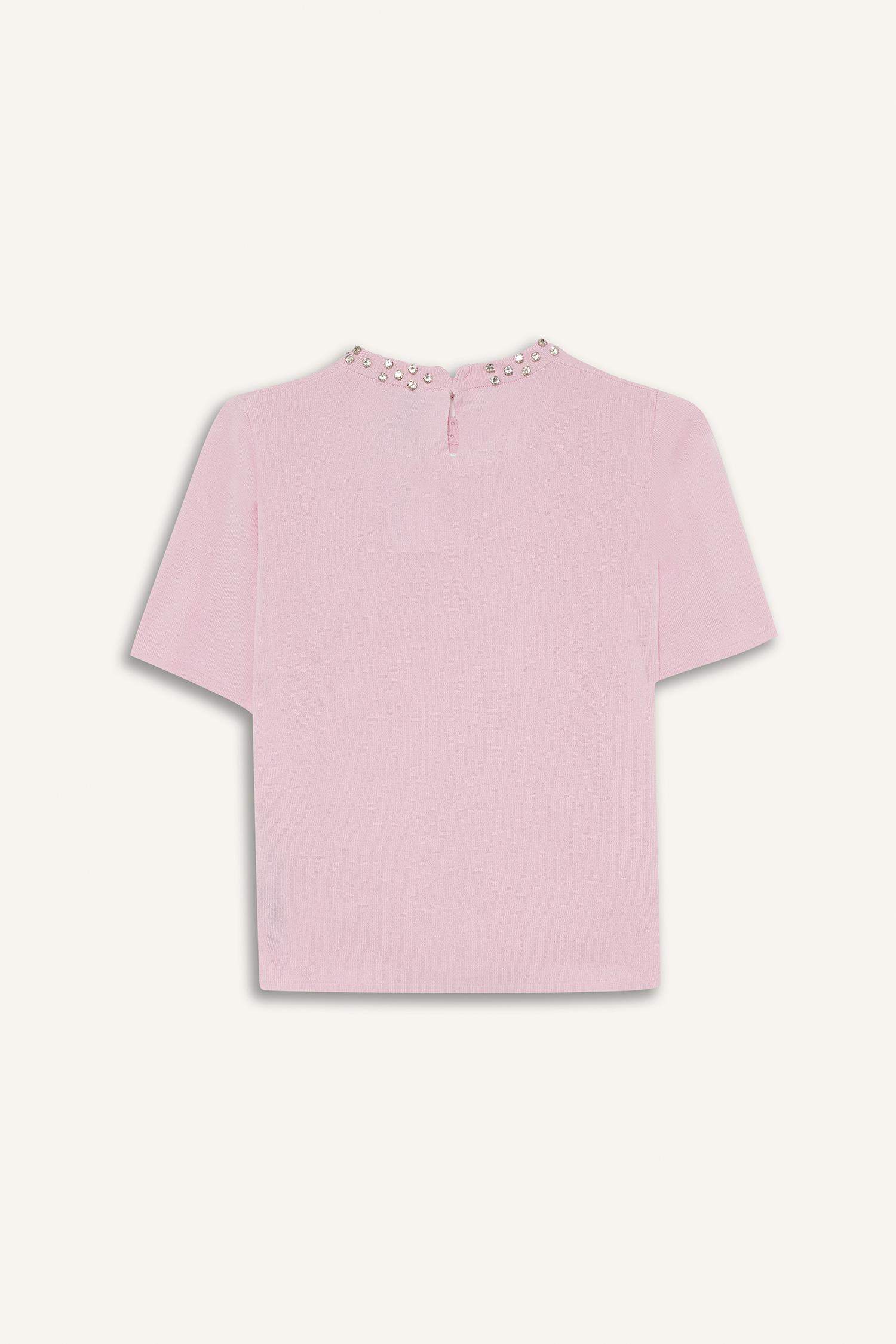 Regular Fit Crew Neck Embroidered Crepe Short Sleeve Knitwear Sweater