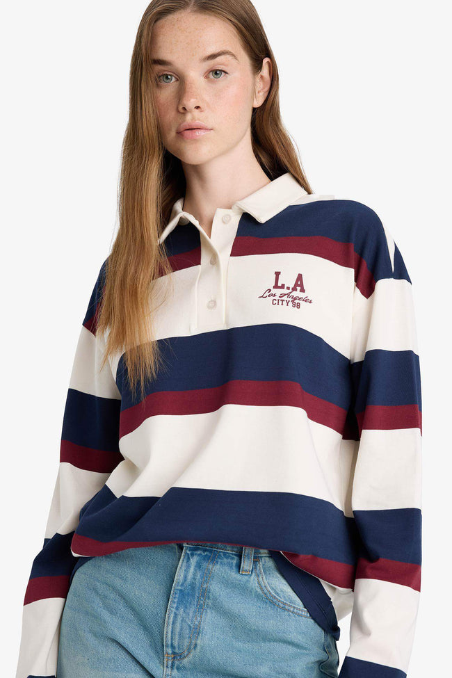 Oversize Wide Fit Polo Collar Striped Print Sweatshirt Main Image
