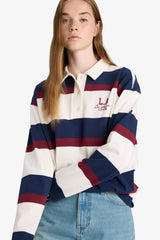 Oversize Wide Fit Polo Collar Striped Print Sweatshirt