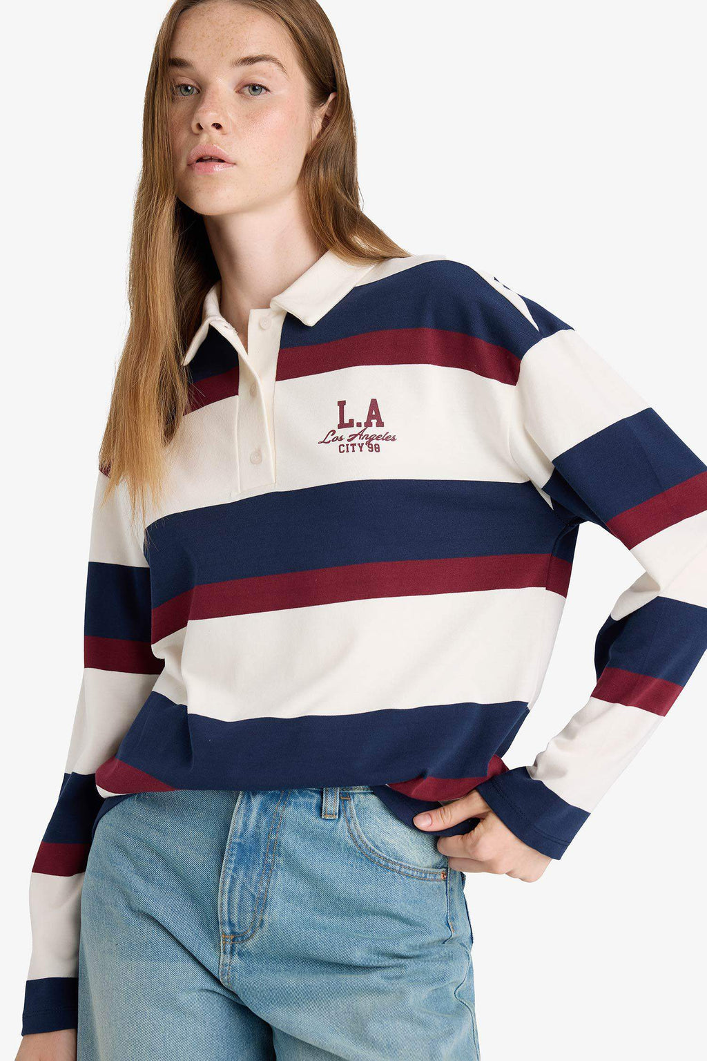 Oversize Wide Fit Polo Collar Striped Print Sweatshirt