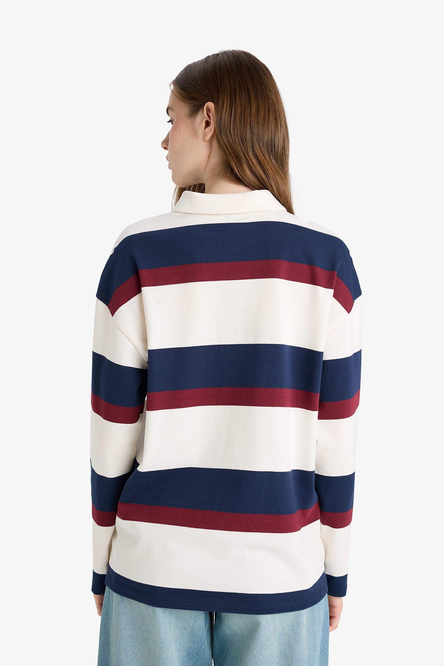 Oversize Wide Fit Polo Collar Striped Print Sweatshirt