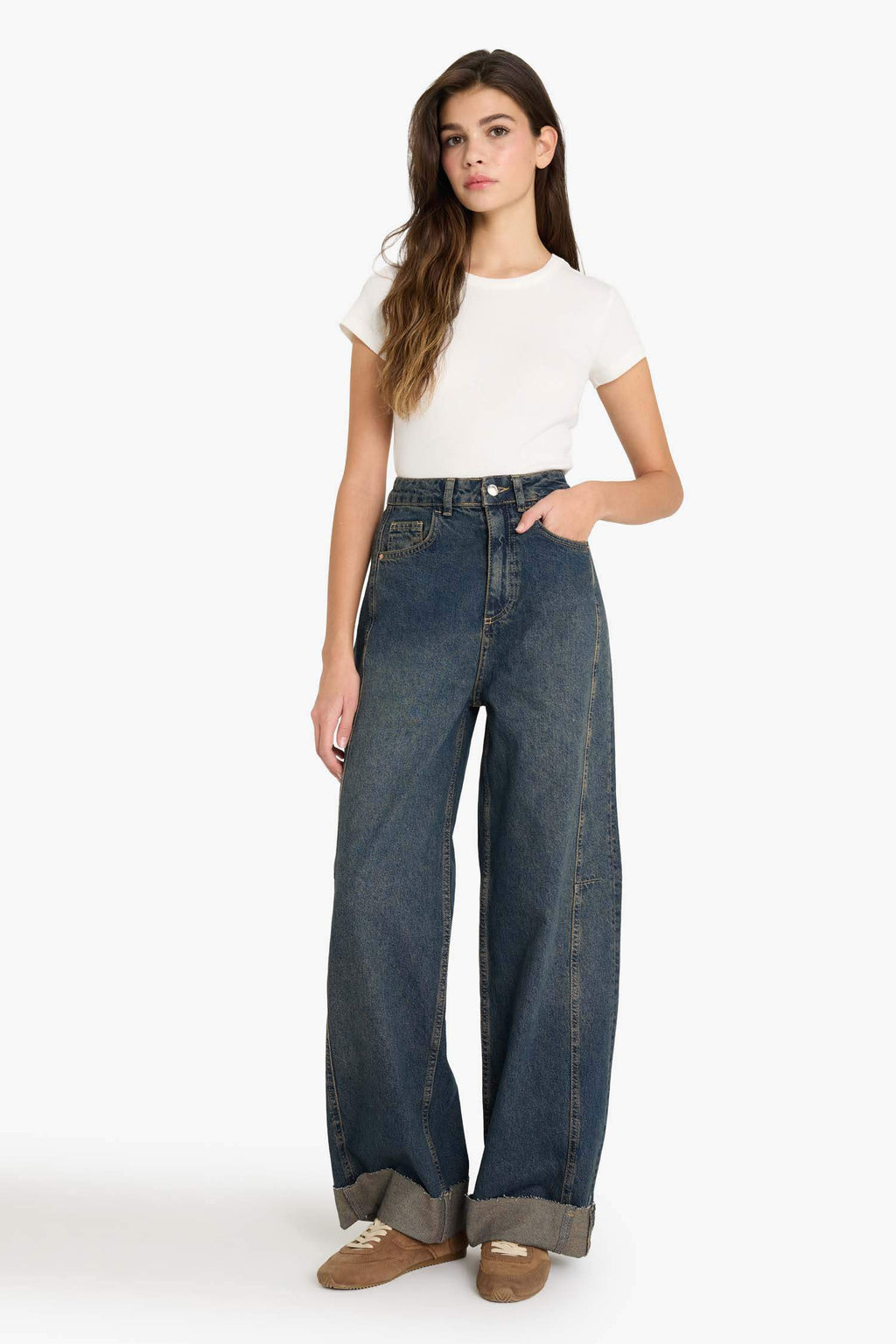 Barrel Fit High Waist Long Washed Jeans