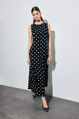 Crew Neck Polka Dot Poplin Sleeveless Midi Dress