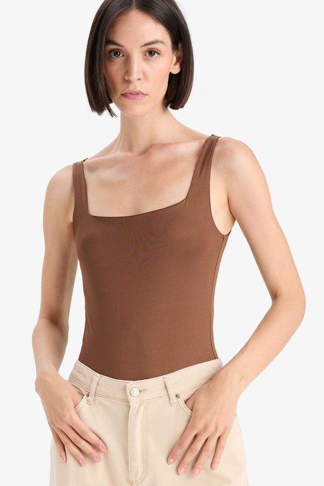 Square Neck Basic Plain Snap Bodysuit Hover Image