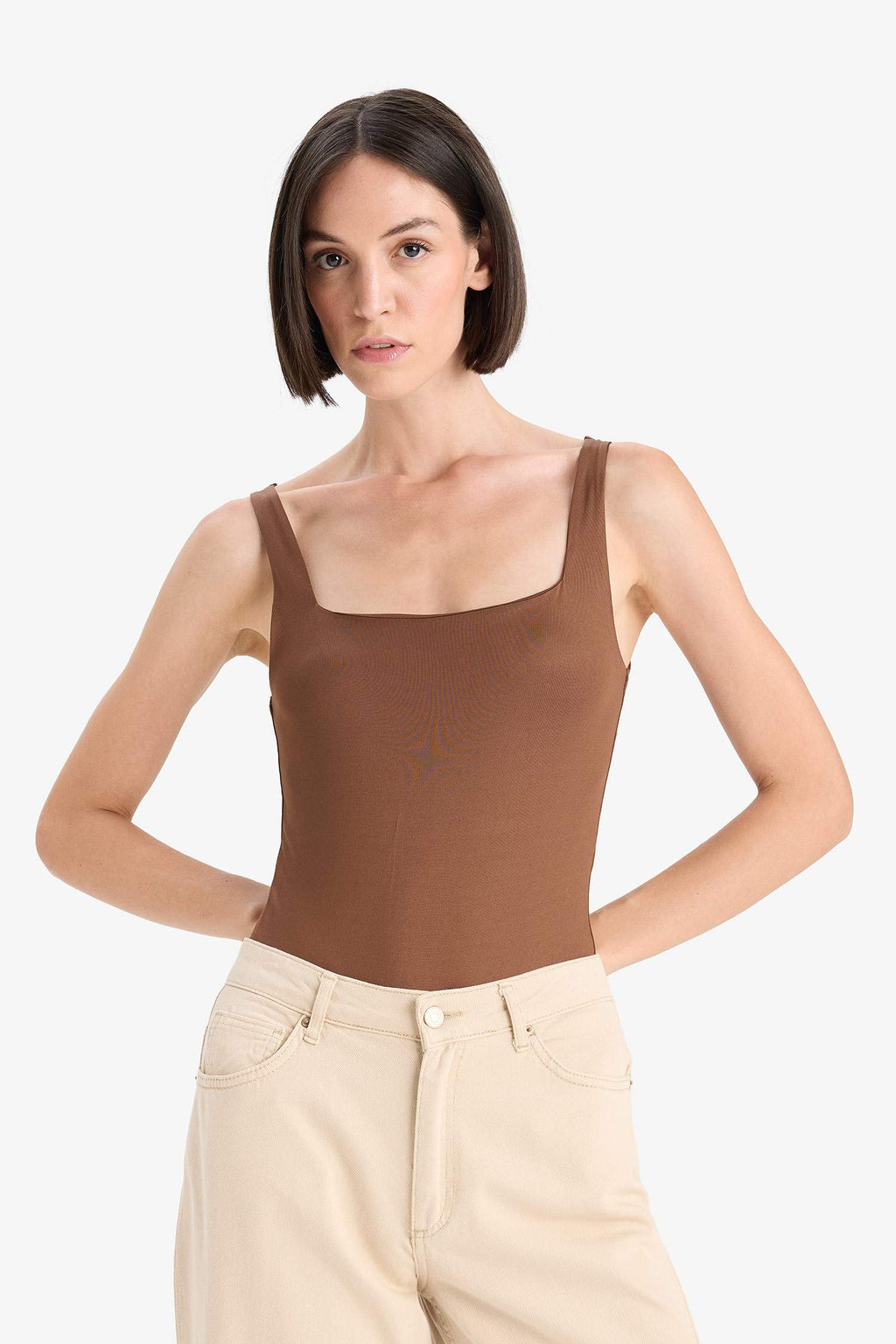 Square Neck Basic Plain Snap Bodysuit