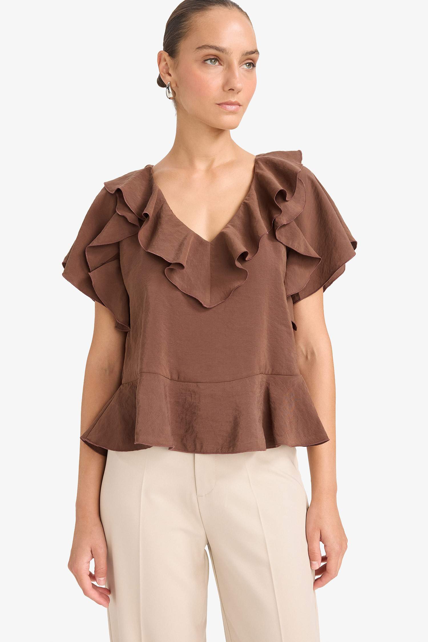 Regular Fit V-Neck Modal Short-Sleeve Blouse
