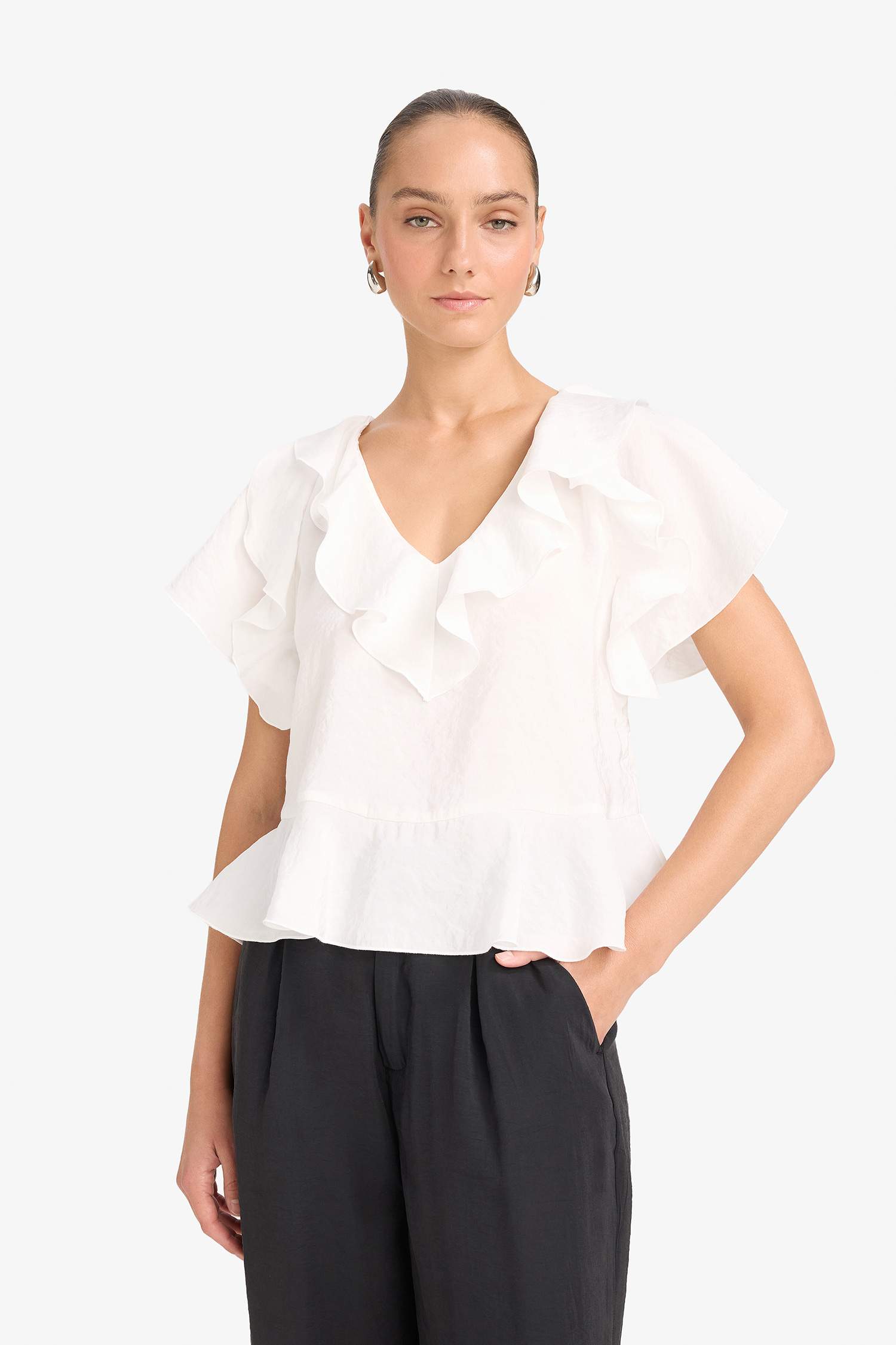 Regular Fit V-Neck Modal Short-Sleeve Blouse