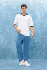 Boxy Fit Relaxed Cut Polo Neck Contrast Color Textured Short Sleeve T-Shirt