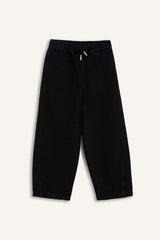 100% Cotton Barrel Fit Elastic Waist Tie-Down Wide Leg Jean Washed Trousers