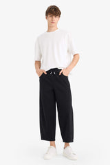 100% Cotton Barrel Fit Elastic Waist Tie-Down Wide Leg Jean Washed Trousers