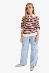 Girl's Relax Fit Polo Collar Striped Long Sleeve School T-Shirt