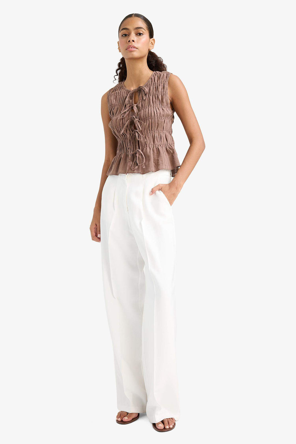 Slim Fit, Slim Cut, Crew Neck, Tied Textured Sleeveless Blouse