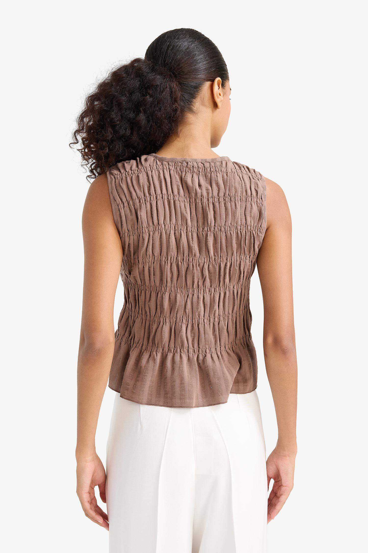 Slim Fit, Slim Cut, Crew Neck, Tied Textured Sleeveless Blouse