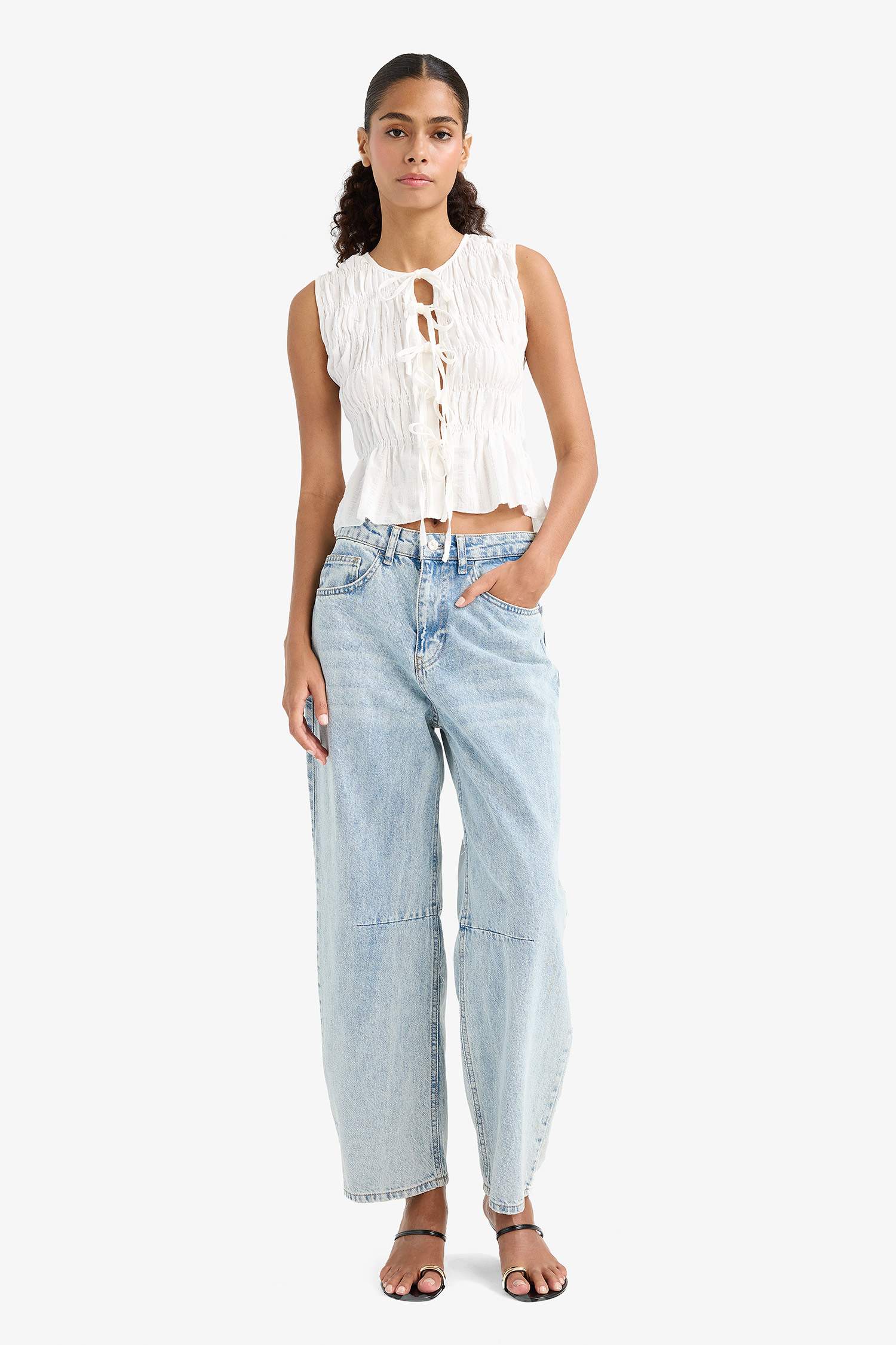 Slim Fit, Slim Cut, Crew Neck, Tied Textured Sleeveless Blouse