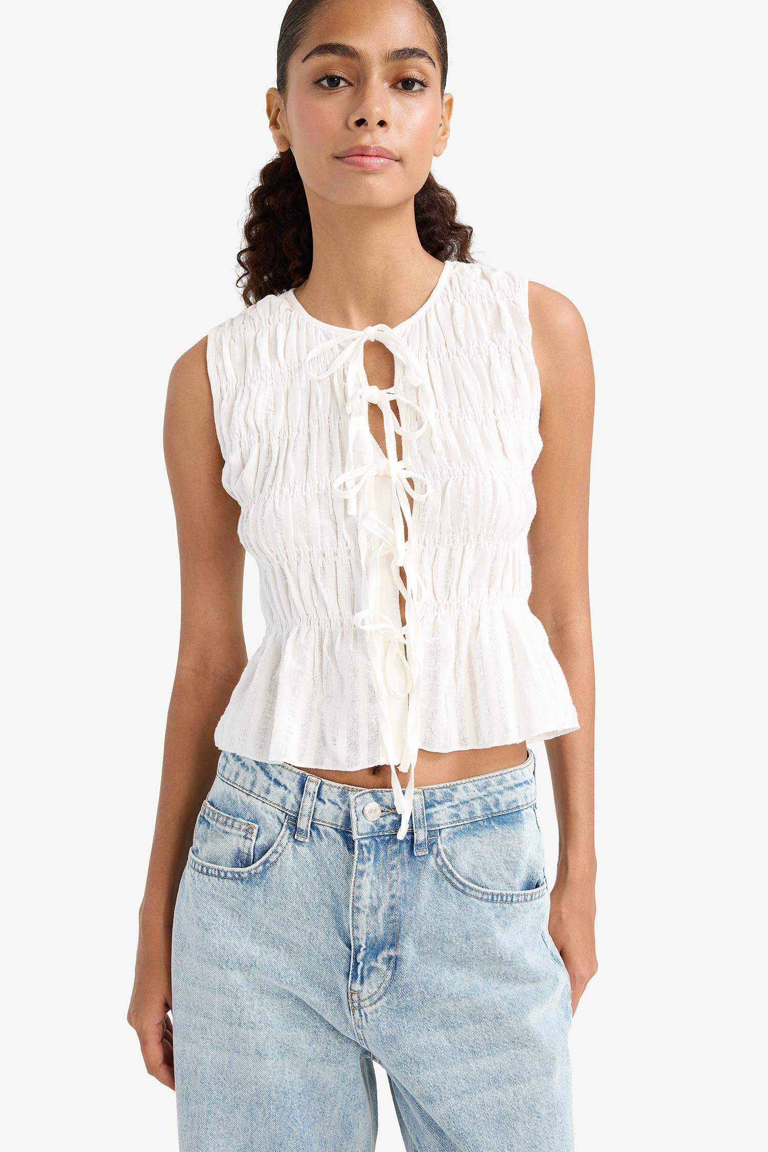 Slim Fit, Slim Cut, Crew Neck, Tied Textured Sleeveless Blouse