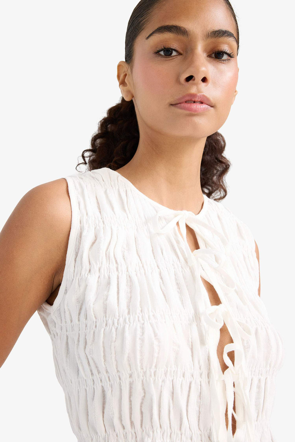 Slim Fit, Slim Cut, Crew Neck, Tied Textured Sleeveless Blouse