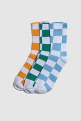 Girls Checkerboard Patterned 3-Pack Cotton Long Socks