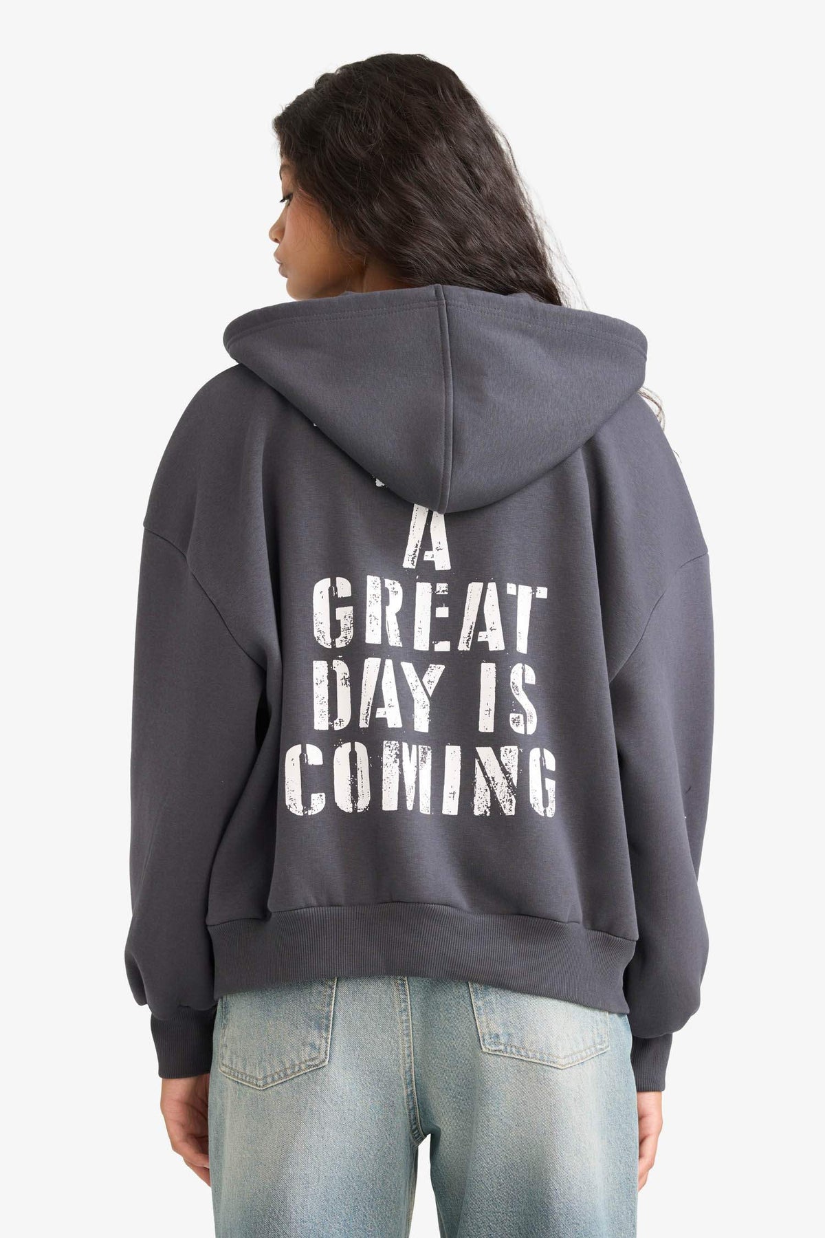 Oversize Wide Fit Hooded Sweatshirt with Back Print and Zip-Up Closure