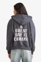 Oversize Wide Fit Hooded Sweatshirt with Back Print and Zip-Up Closure