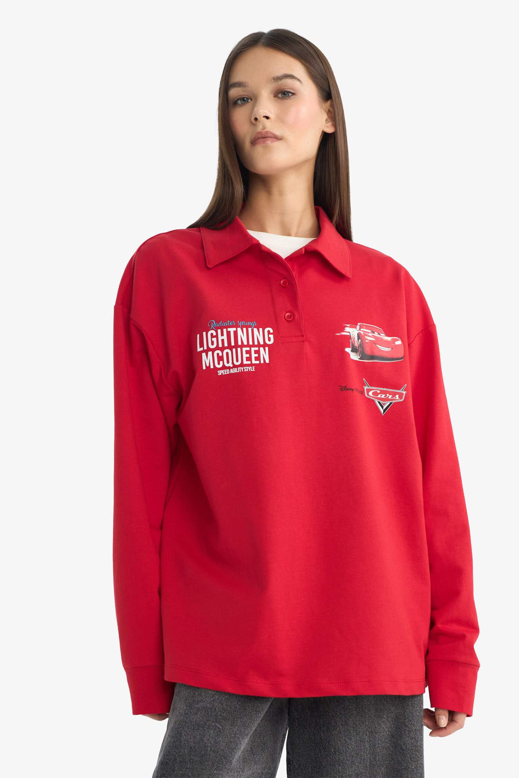 Cars Oversize Wide Fit Polo Collar Sweatshirt with Back Print