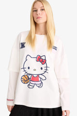 Hello Kitty Oversize Wide Pattern Crew Neck Long Sleeve T-Shirt