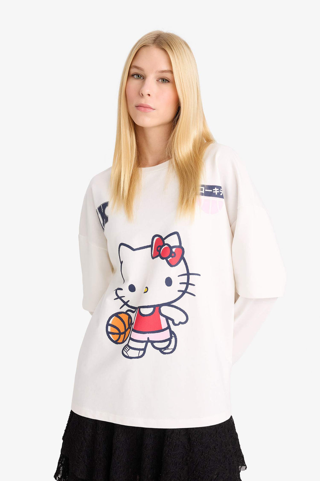 Hello Kitty Oversize Wide Pattern Crew Neck Long Sleeve T-Shirt